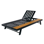 Black Iron and Teak-Finish Acacia Wood Outdoor Chaise Lounge Frame with Adjustable Backrest and Storage Surface