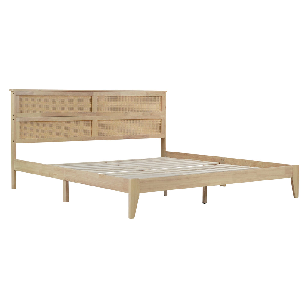 King Size Solid Wood Bed with Rattan Headboard – Natural Rubberwood Frame
