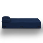 Angled view of the blue 3-seat sofa highlighting corduroy texture and seating area