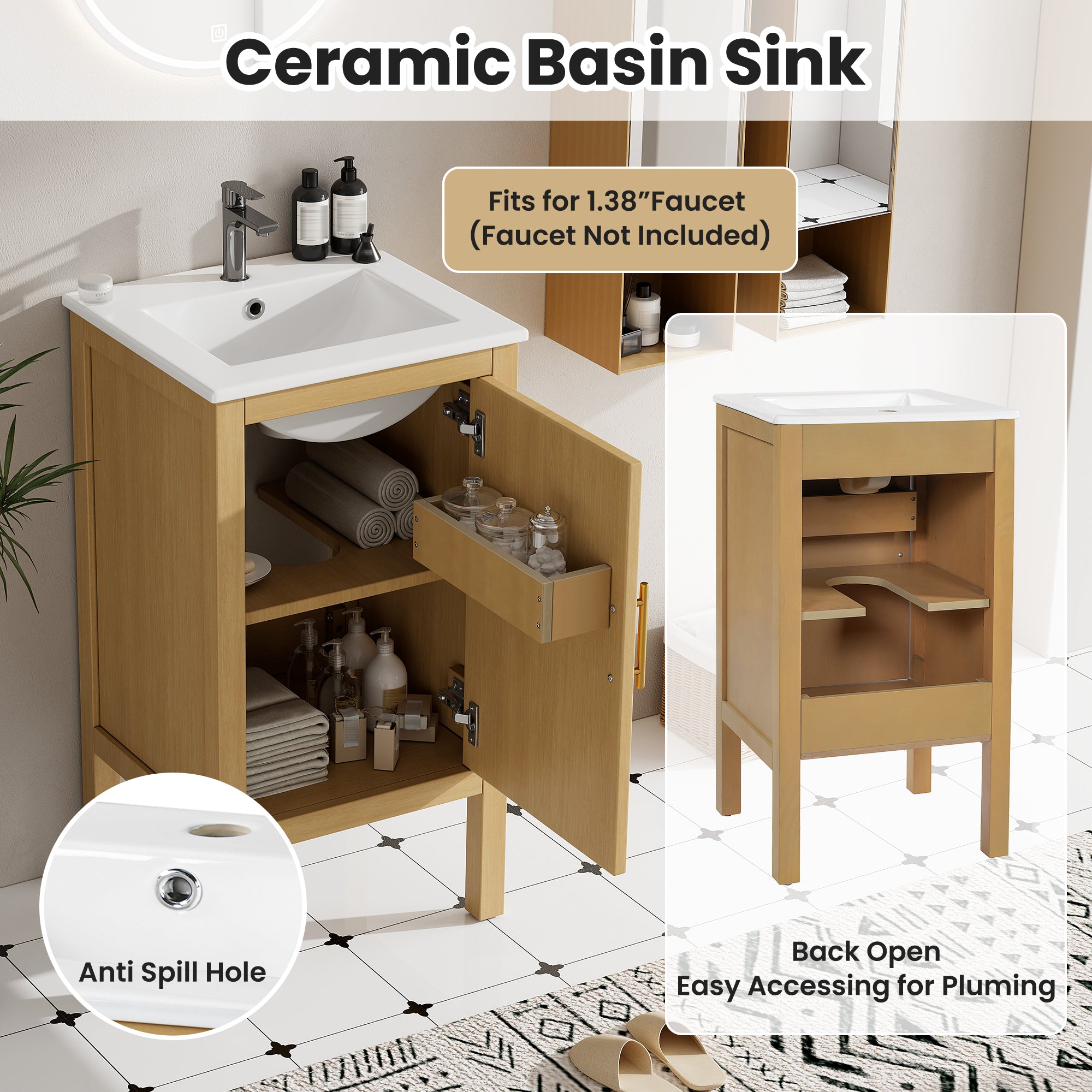 18" Modern Bathroom Vanity with Ceramic Sink, Adjustable Shelf & Soft-Closing Hinges