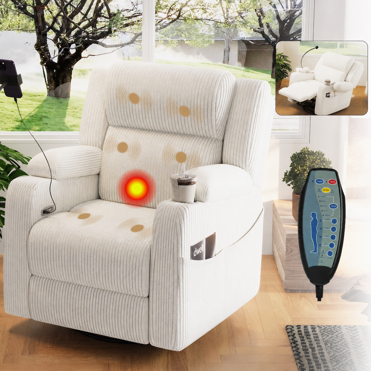 Electric Power Recliner Chair with Heat & Massage, 270° Swivel Rocker in Beige Corduroy Main image