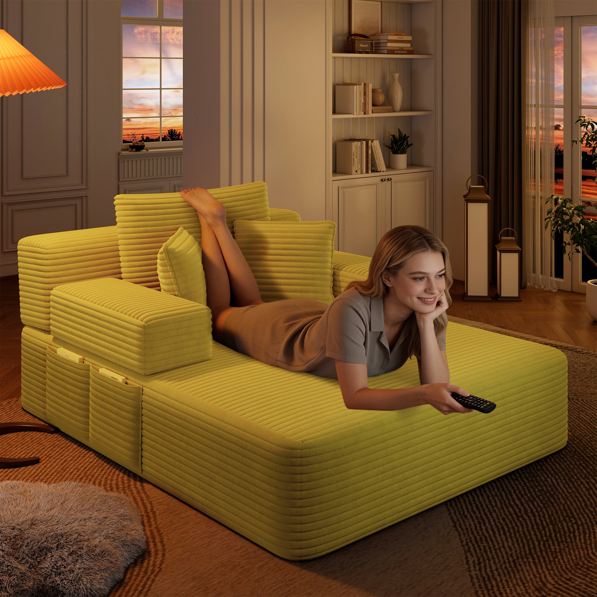 Six soft pillows arranged on the yellow corduroy chaise lounge