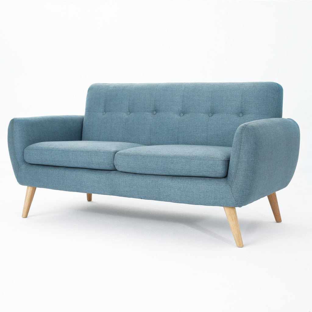 67.25" Blue Fabric Button-Tufted Loveseat with Waffle Stitch & Tapered Wood Legs