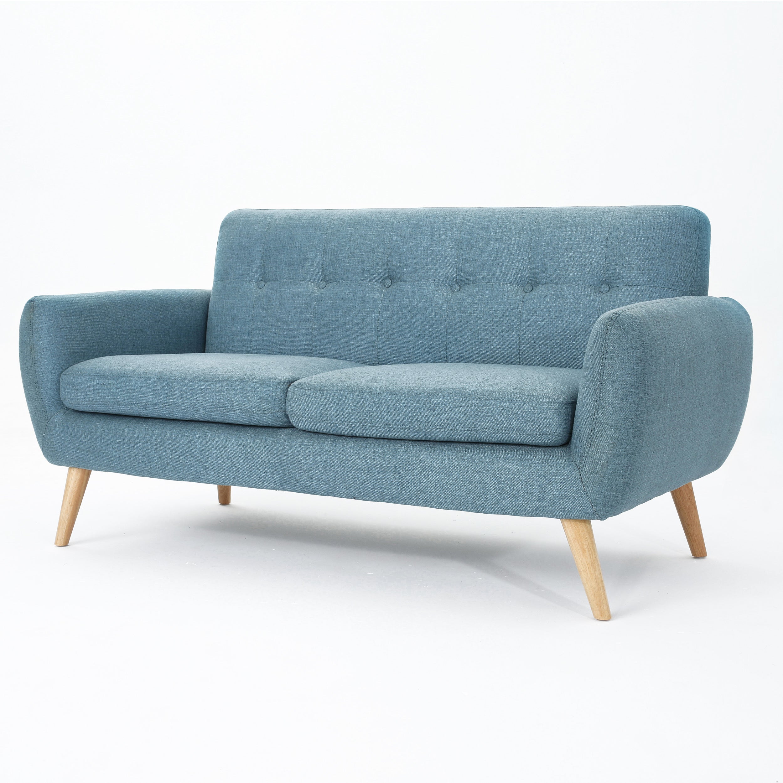 67.25" Blue Fabric Button-Tufted Loveseat with Waffle Stitch & Tapered Wood Legs