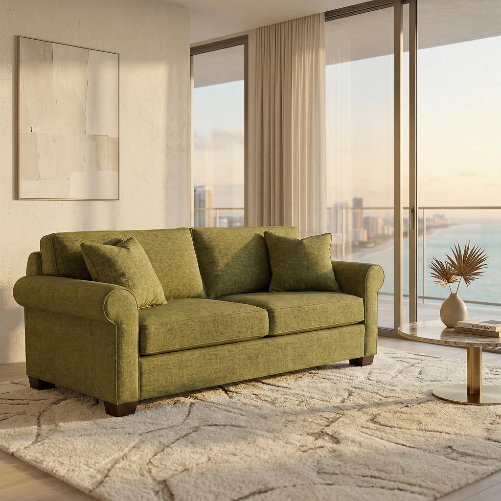 Close-up of green polyester fabric texture on sofa cushion