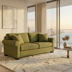 Close-up of green polyester fabric texture on sofa cushion