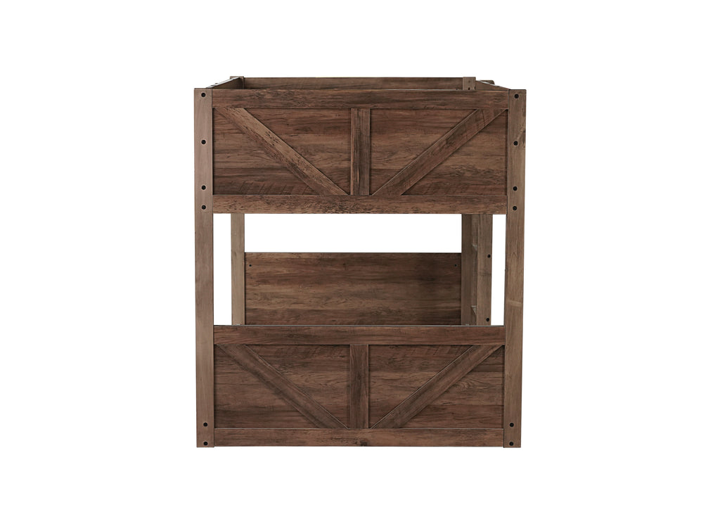 Twin Over Twin Floor Bunk Bed in Antique Oak – Solid Rubber Wood, Built-in Ladder & Safety Guardrails