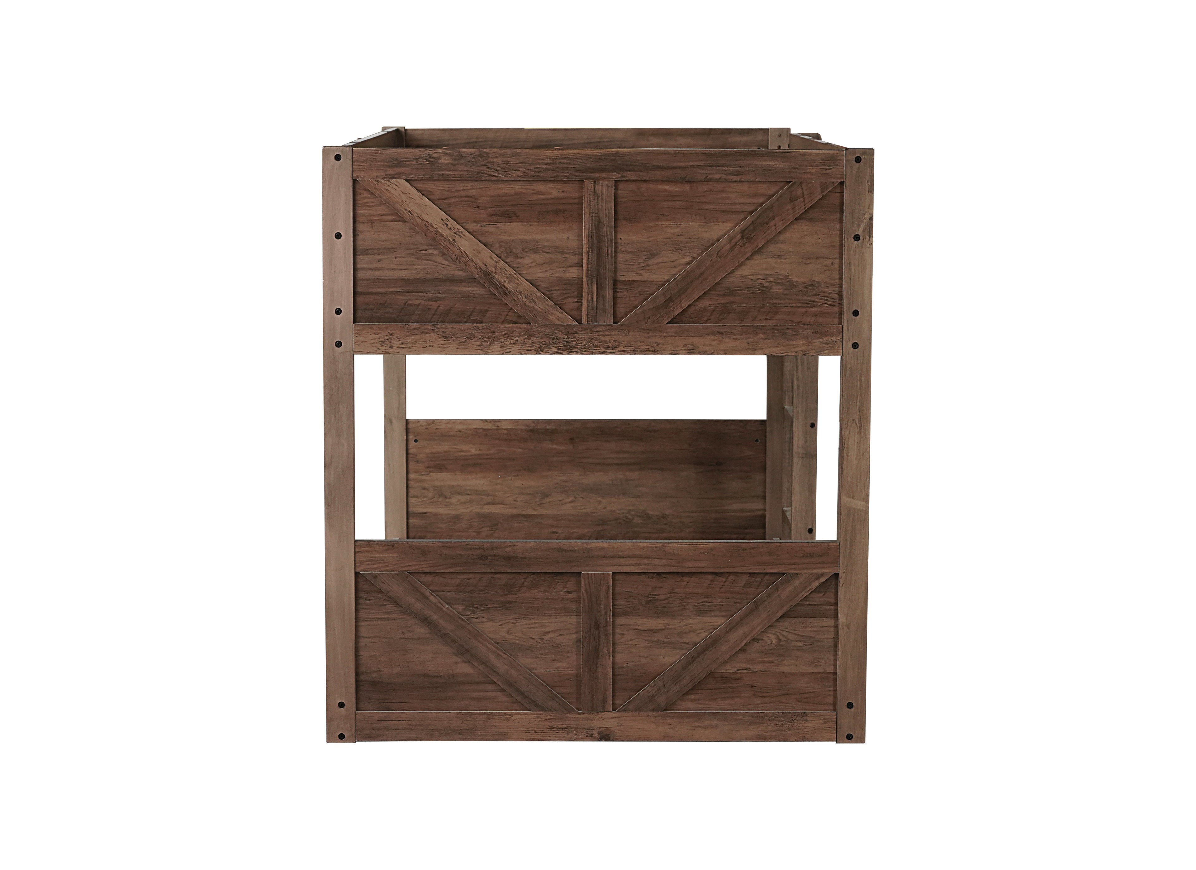 Twin Over Twin Floor Bunk Bed in Antique Oak – Solid Rubber Wood, Built-in Ladder & Safety Guardrails