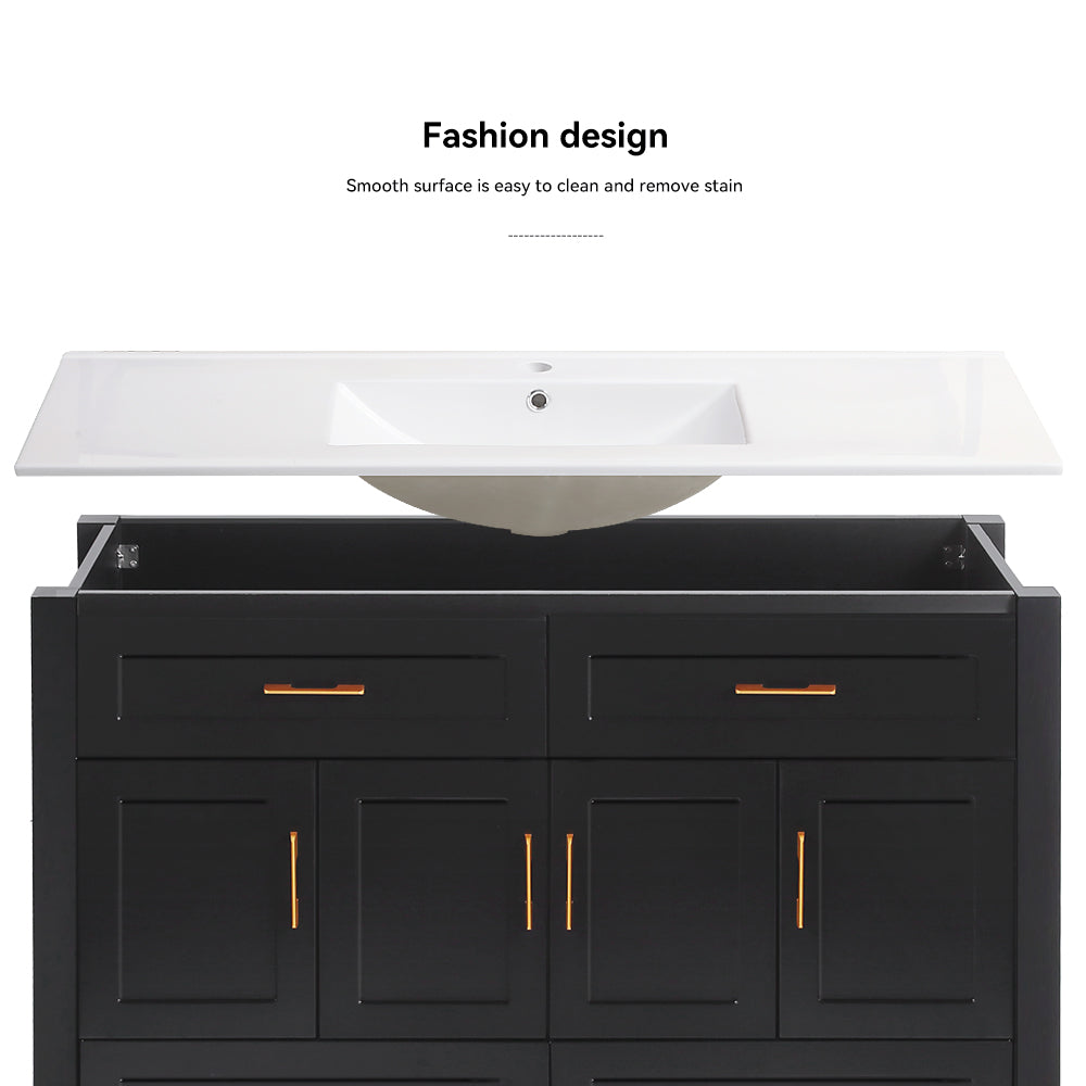 48" Black Bathroom Vanity with Integrated Resin Sink, 4 Soft-Close Doors & 4 Drawers