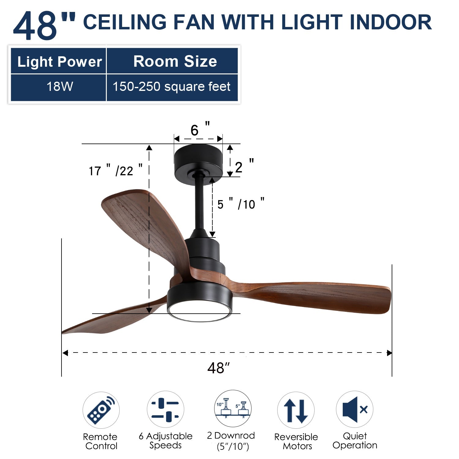 48-Inch Reversible DC Ceiling Fan with Solid Wood Blades and Remote