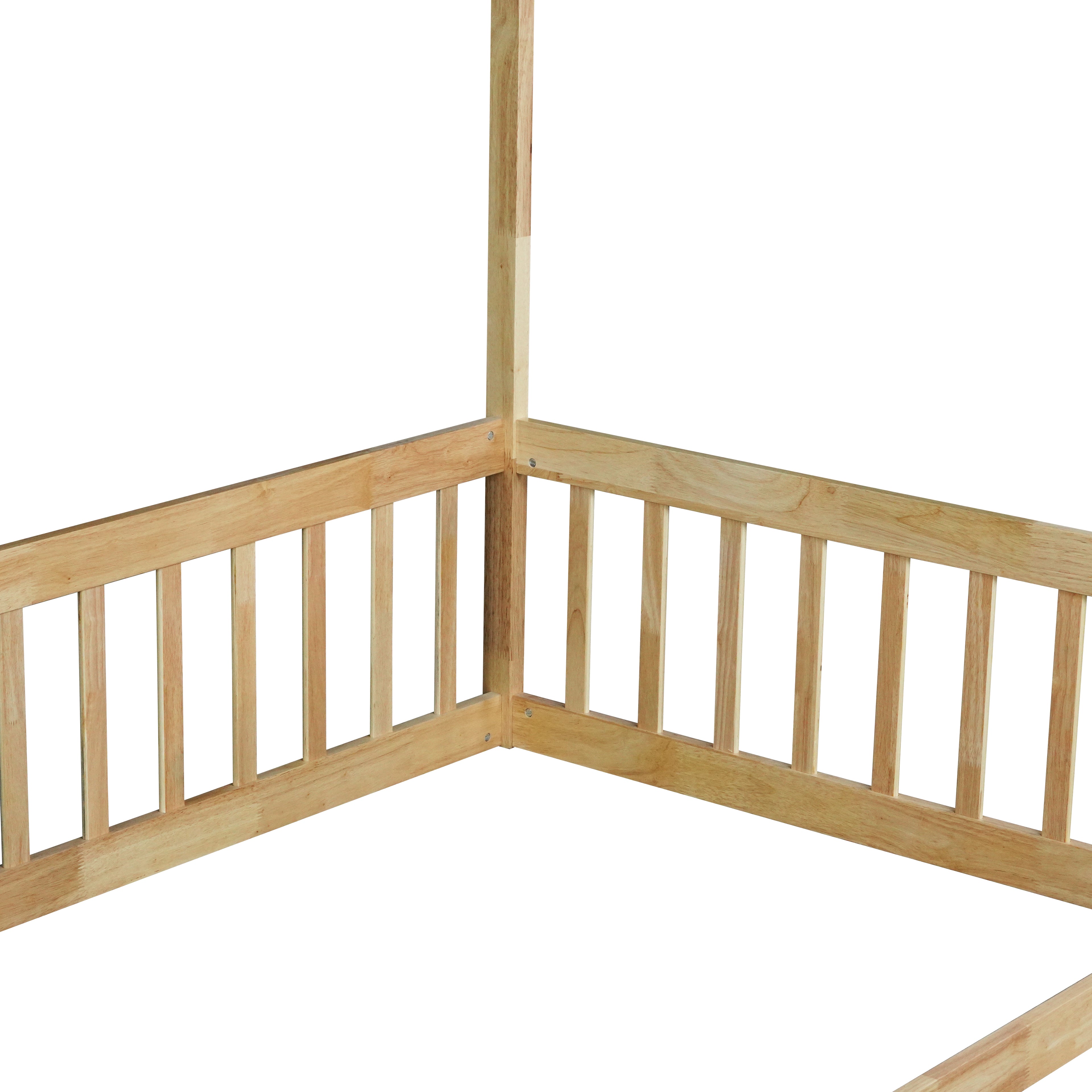 Twin Canopy Frame Floor Bed with Guardrails in Natural Wood