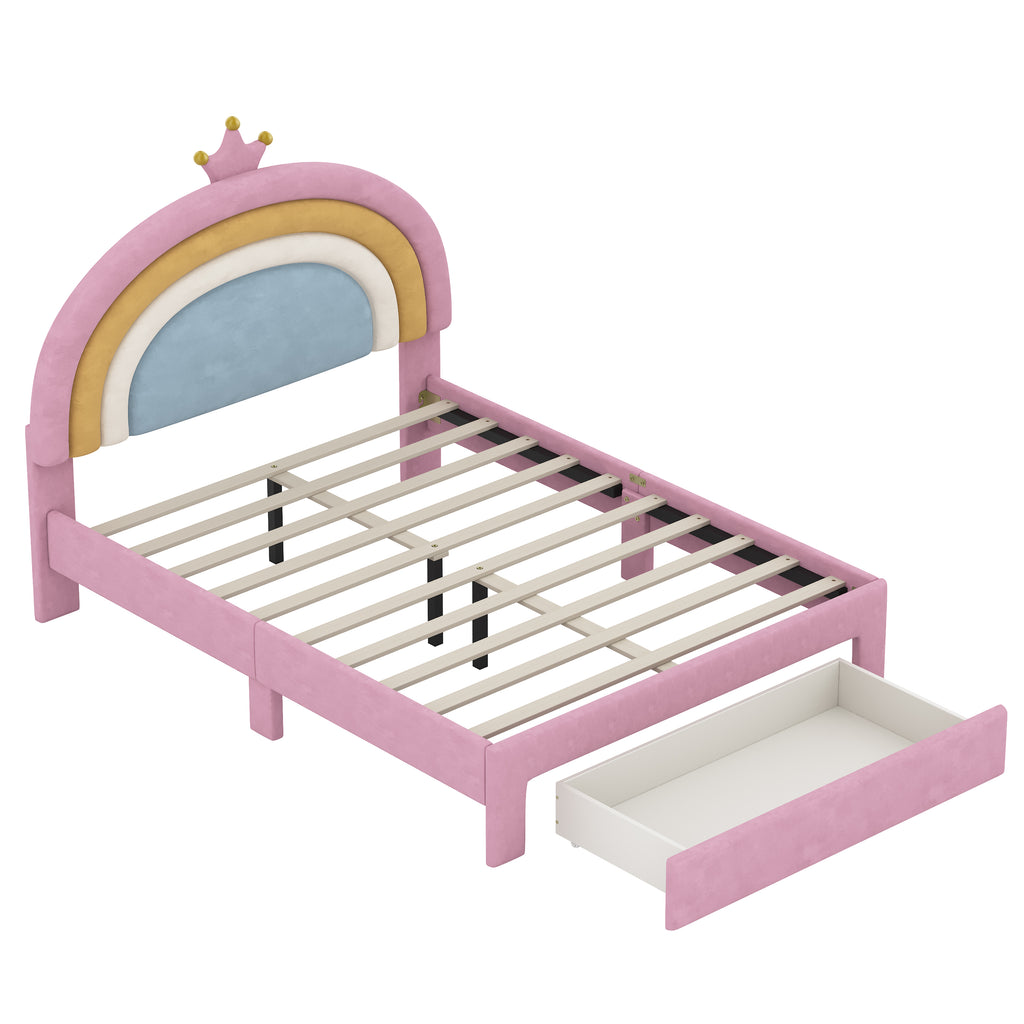 Full Size Upholstered Rainbow Velvet Platform Bed with Storage Drawer – Pink