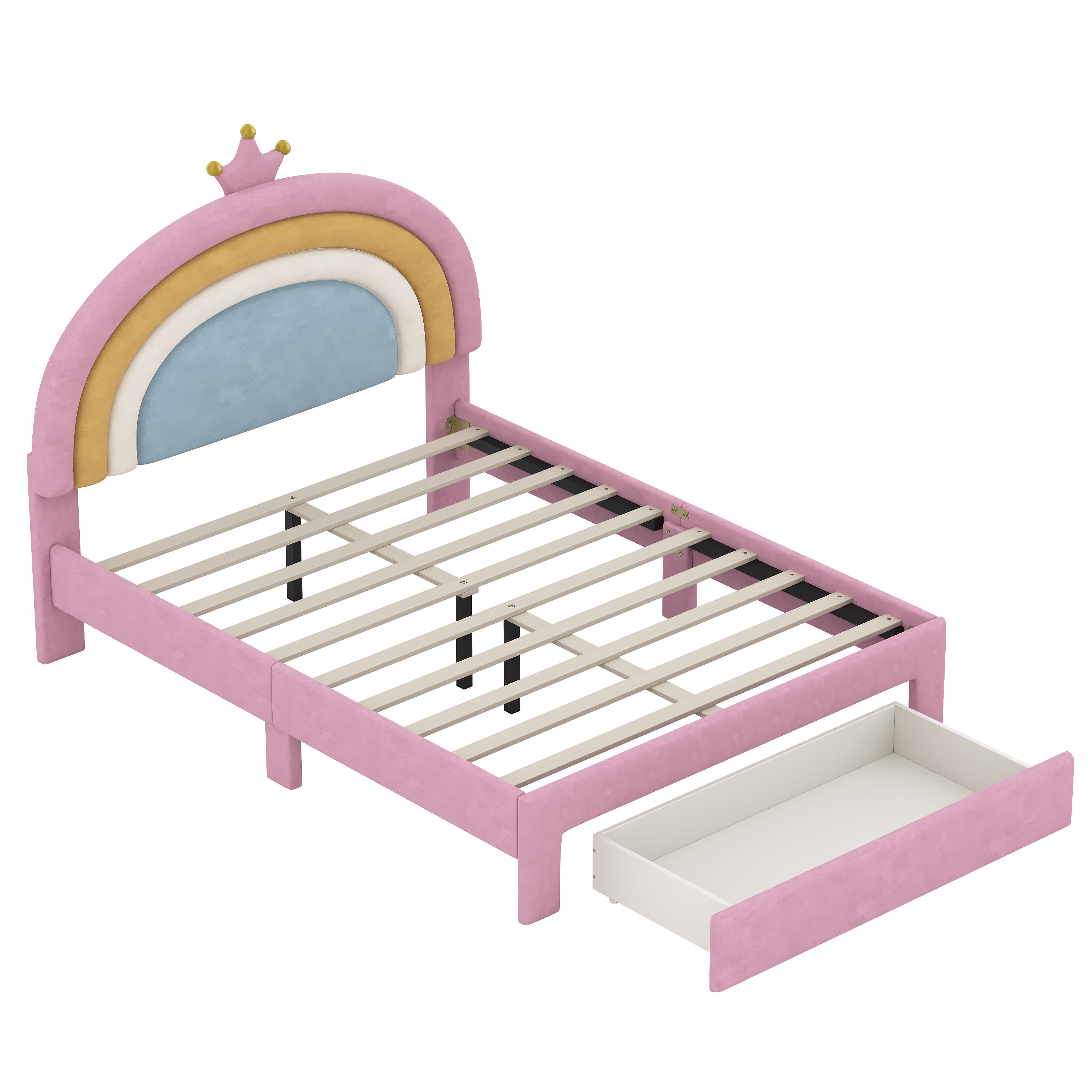 Full Size Upholstered Rainbow Velvet Platform Bed with Storage Drawer – Pink