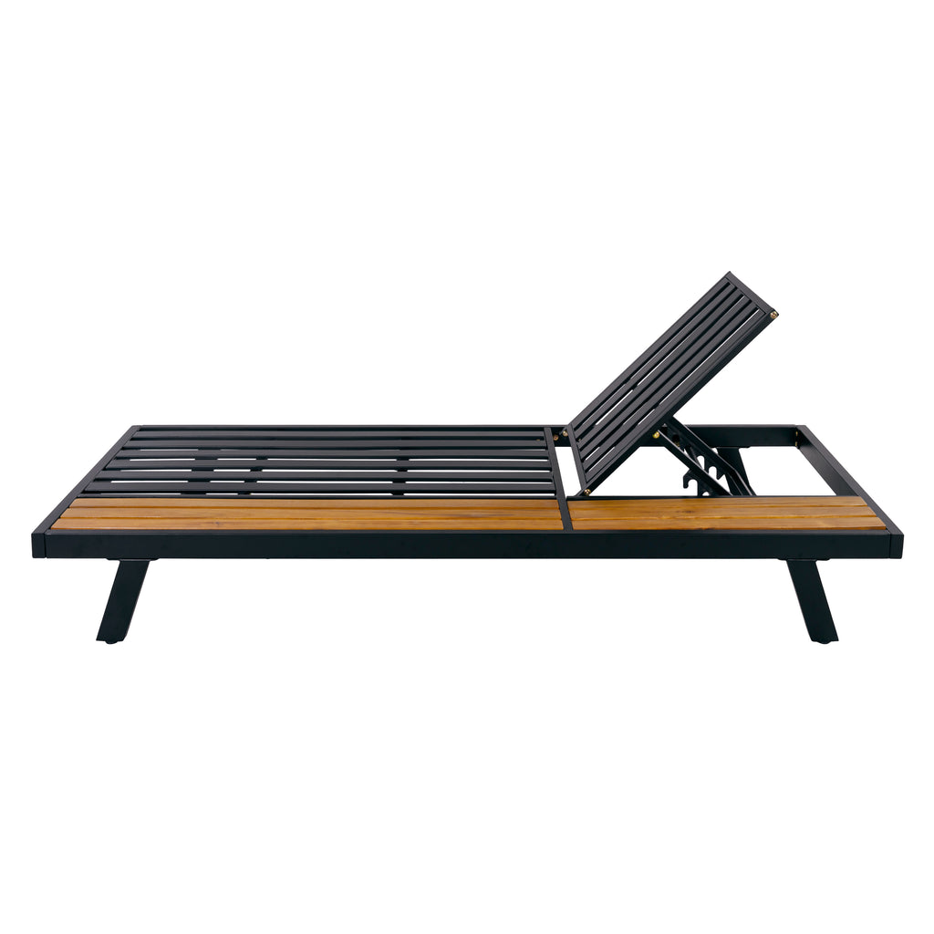 Black Iron and Teak-Finish Acacia Wood Outdoor Chaise Lounge Frame with Adjustable Backrest and Storage Surface