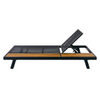 Black Iron and Teak-Finish Acacia Wood Outdoor Chaise Lounge Frame with Adjustable Backrest and Storage Surface