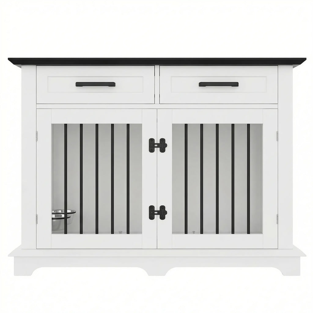 44.5" Wooden Dog Crate End Table with 2 Drawers & Rotating Bowls, White and Black