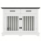 44.5" Wooden Dog Crate End Table with 2 Drawers & Rotating Bowls, White and Black