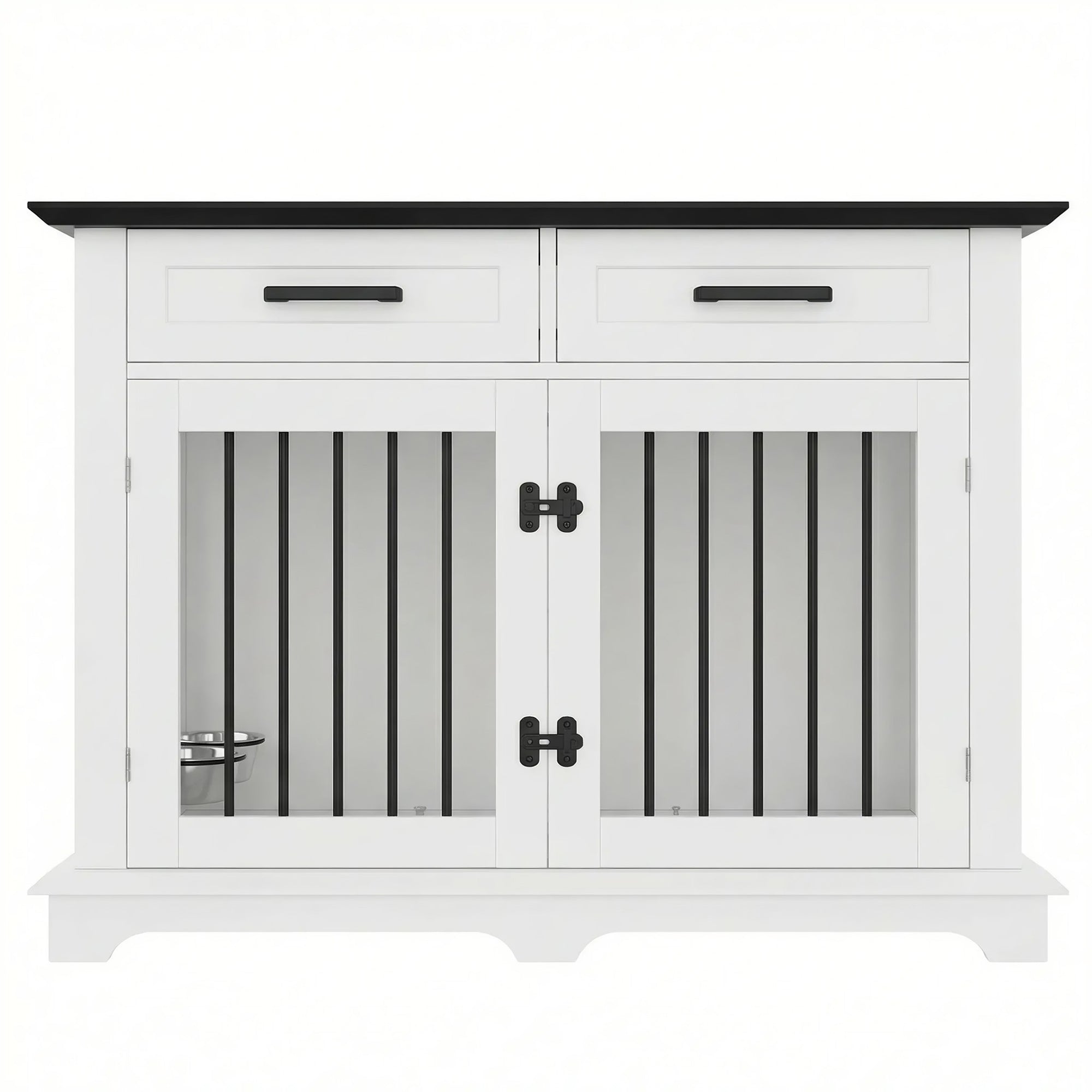 44.5" Wooden Dog Crate End Table with 2 Drawers & Rotating Bowls, White and Black