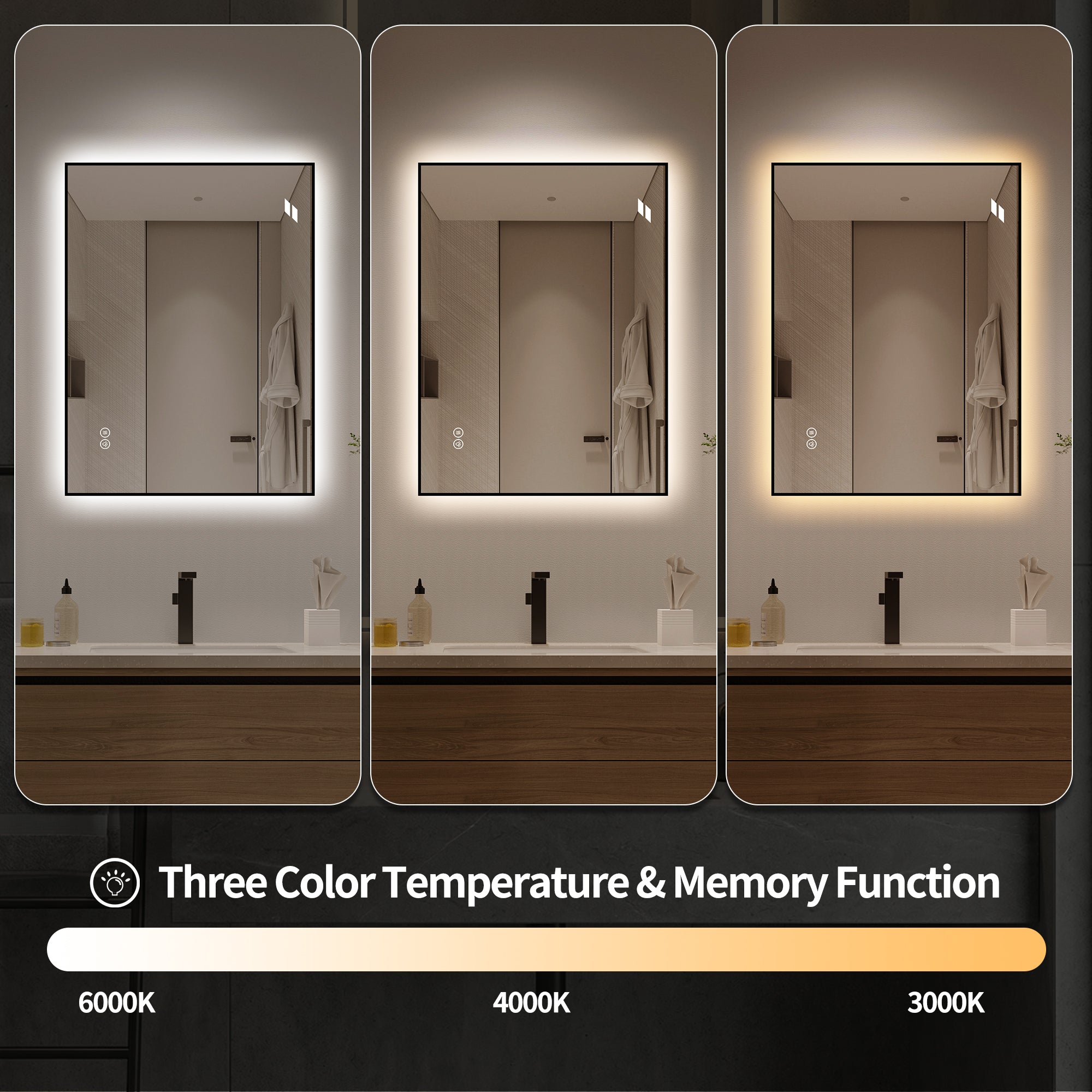 30" x 36" LED Bathroom Mirror with Anti-Fog, Dimmable Light & 3 Color Temperatures