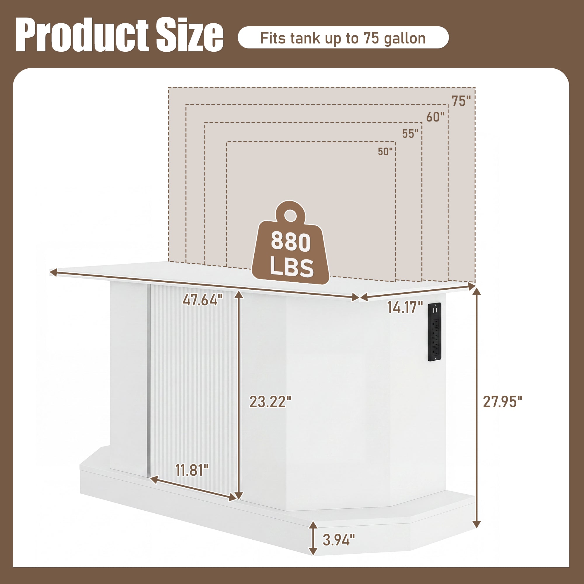 Modern White Aquarium Stand for 55-75 Gallon Tanks – 880 lb Capacity, Built-in Power Outlet & Storage