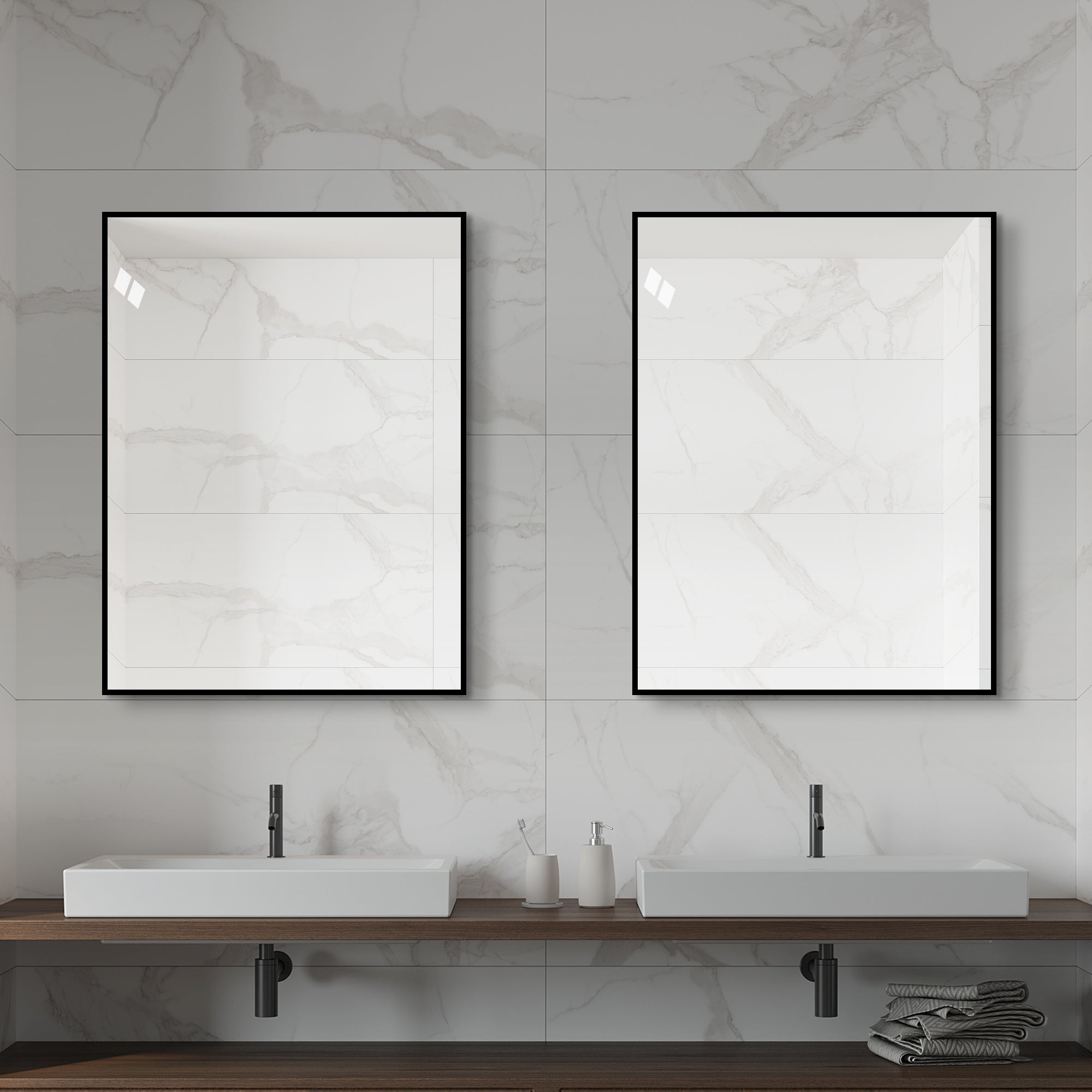 24 x 32 Inch Black Aluminum Bathroom Mirror – HD Copper-Free Silver Glass, Horizontal or Vertical Mount