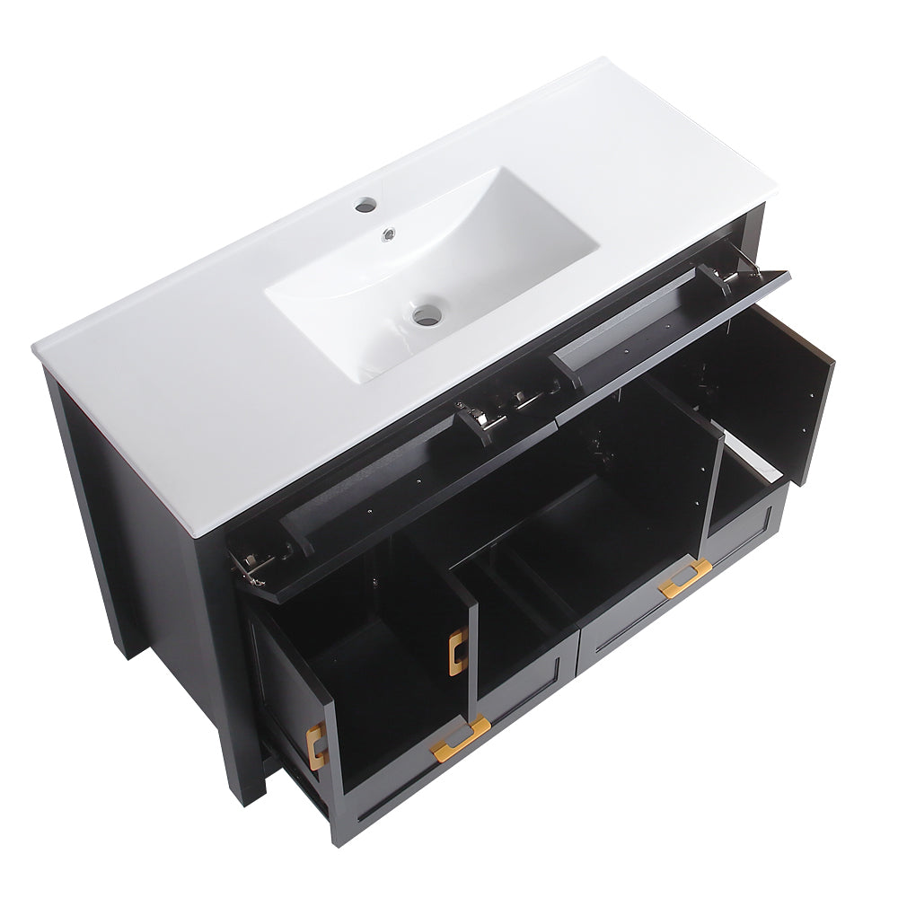 48" Black Bathroom Vanity with Integrated Resin Sink, 4 Soft-Close Doors & 4 Drawers