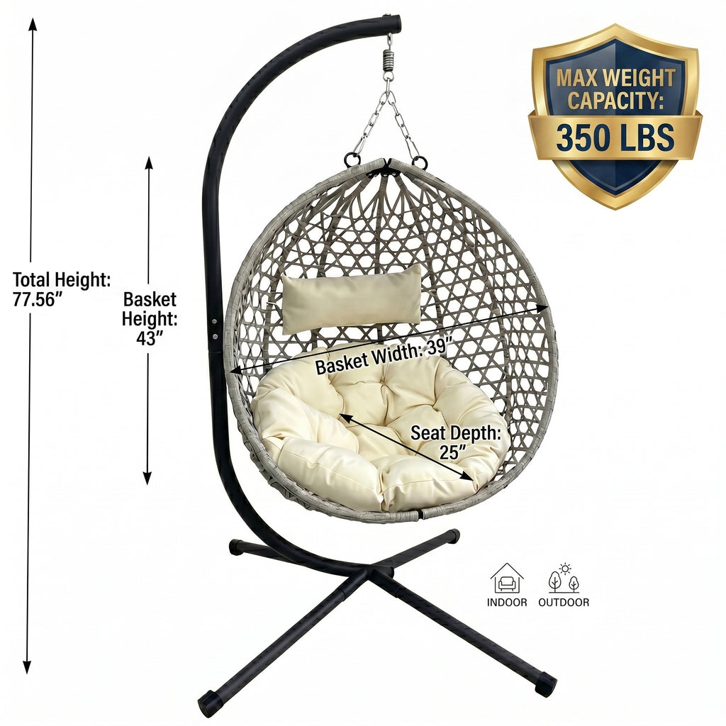 Folding HDPE Rattan Hanging Egg Chair with Stand – Indoor/Outdoor Patio Swing Basket