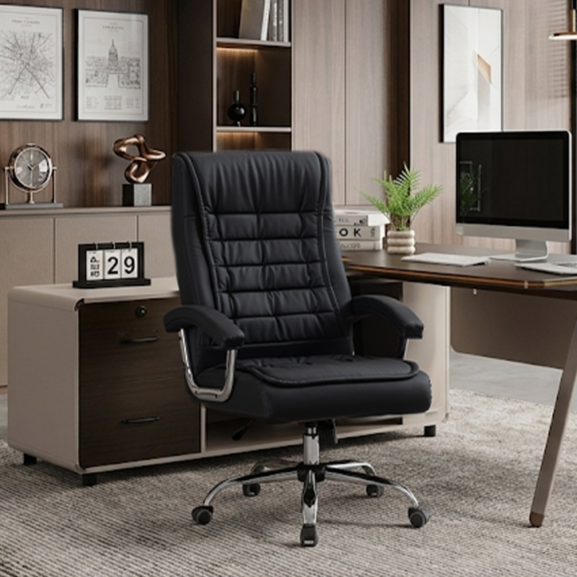 Front view of black high-back executive office chair with chrome armrests and PU leather upholstery