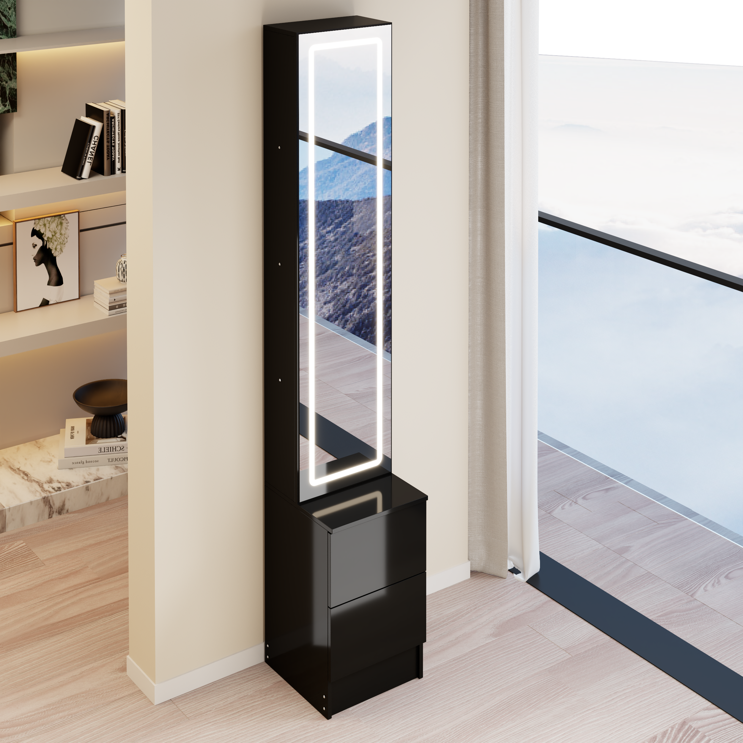 LED Full-Length Dressing Mirror Cabinet with Adjustable Brightness & Multi-Layer Storage
