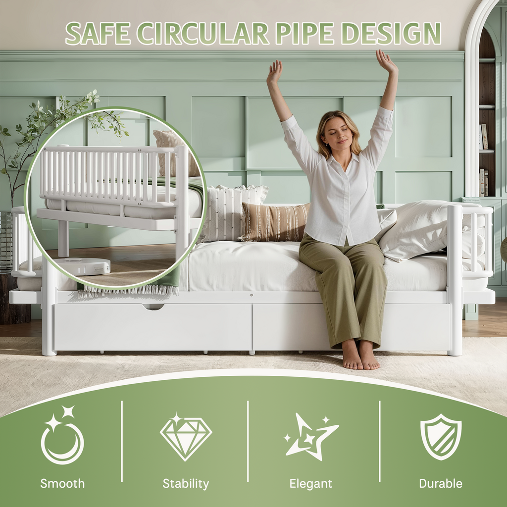 Queen Platform Bed with Storage Drawers, Low-Profile Metal Frame in White
