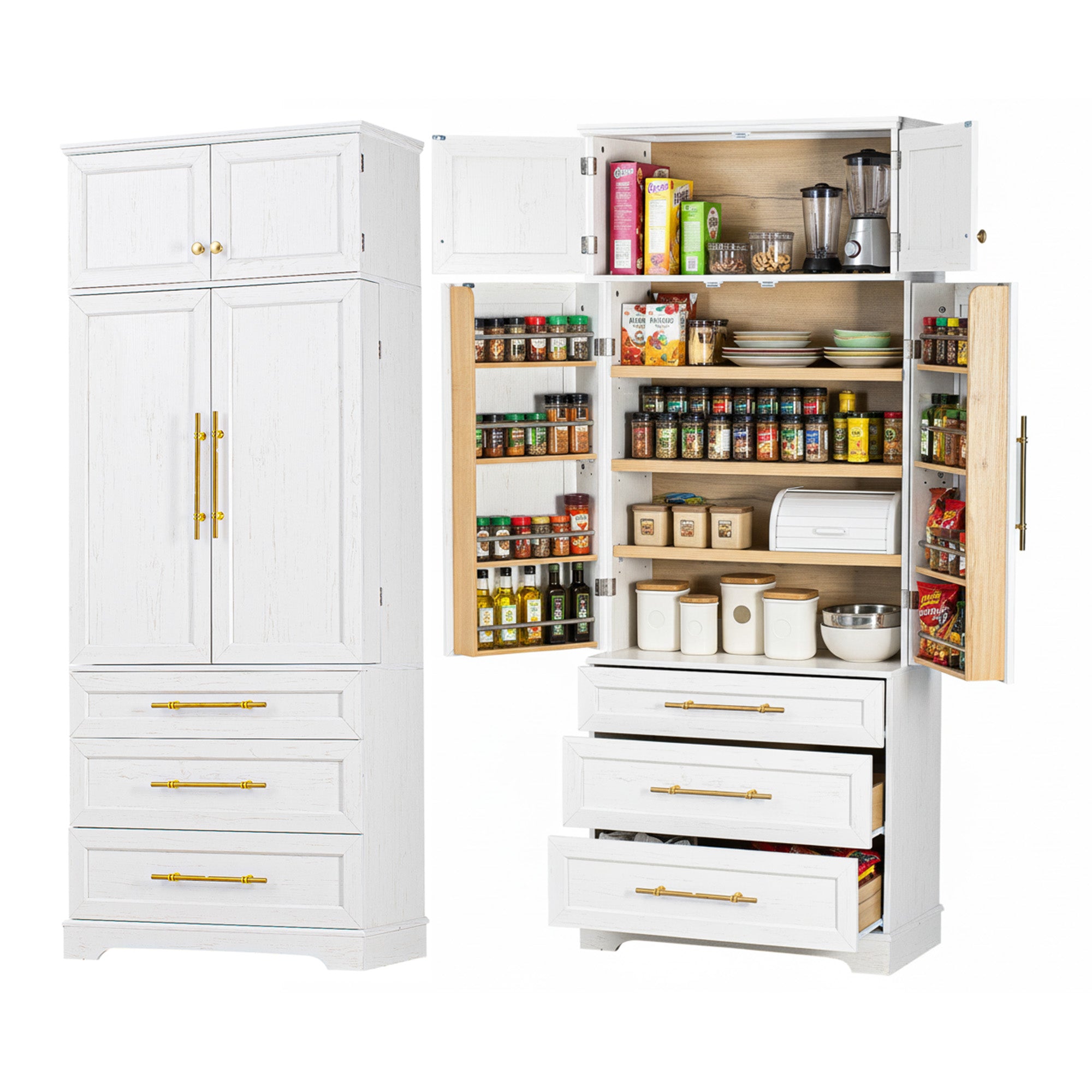 78.2" Farmhouse Kitchen Pantry Cabinet with 4 Doors, 3 Drawers & Adjustable Shelves, Retro White Main image