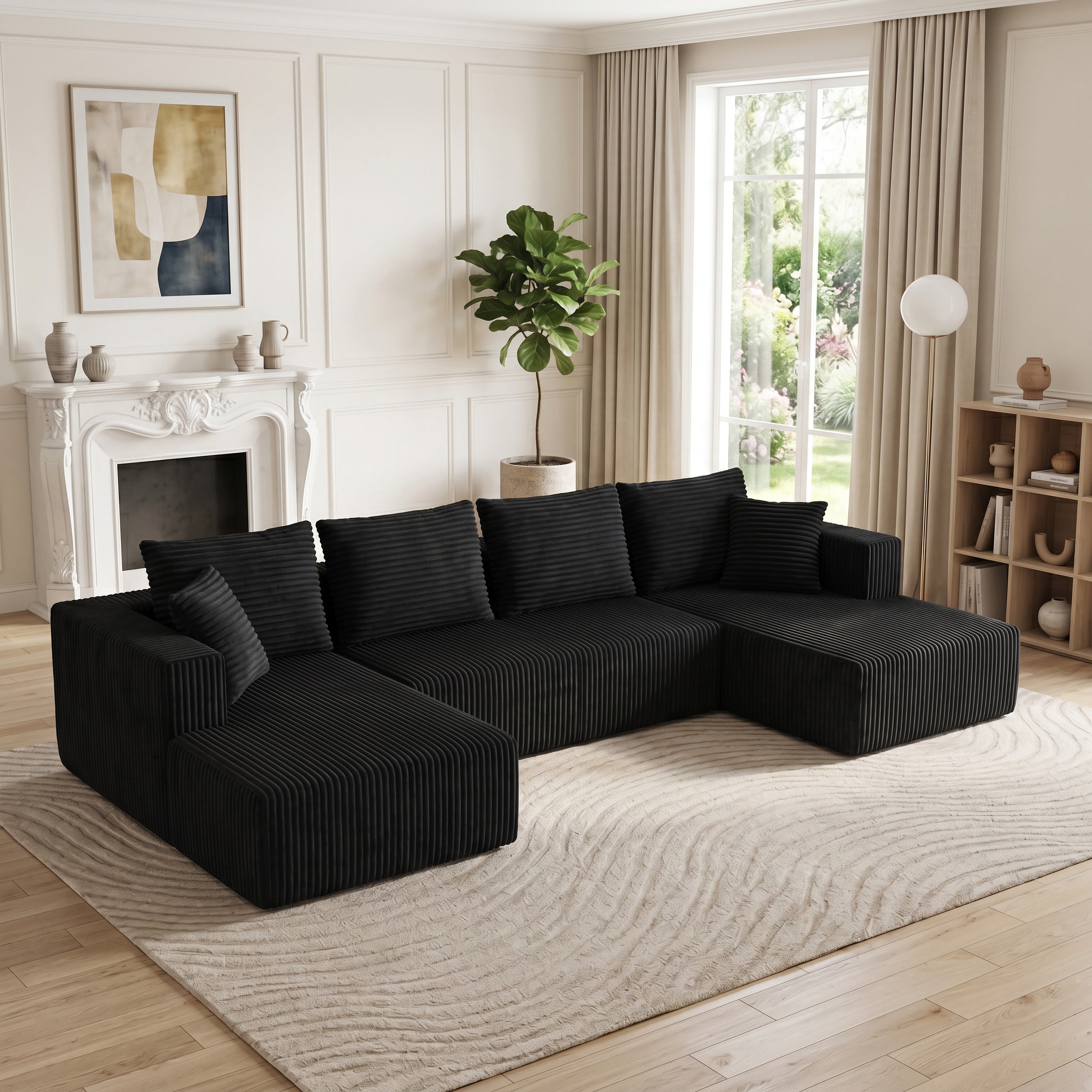 U-Shaped Corduroy Sectional Sofa with Double Chaise – 132" Black Secondary image
