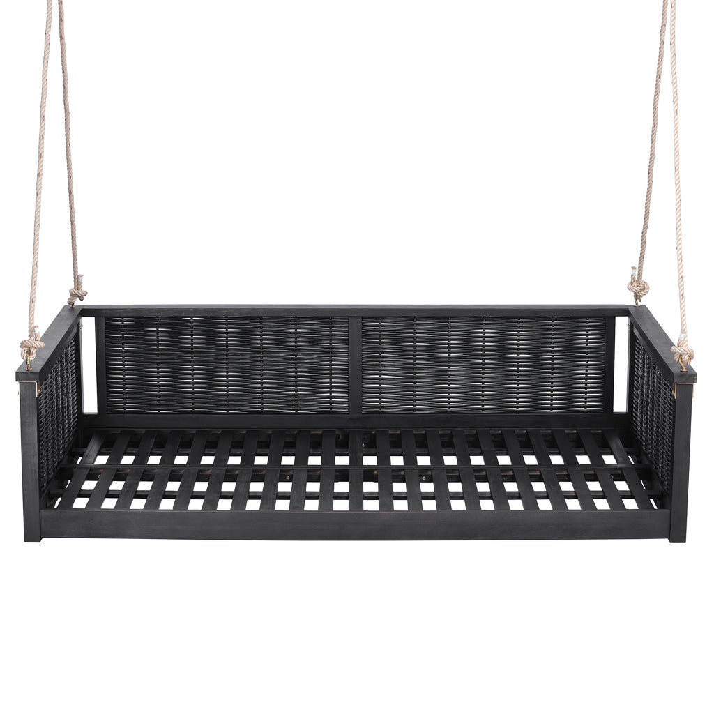 Outdoor Twin Swing Bed with Acacia Wood Frame & Rattan Weave – Black