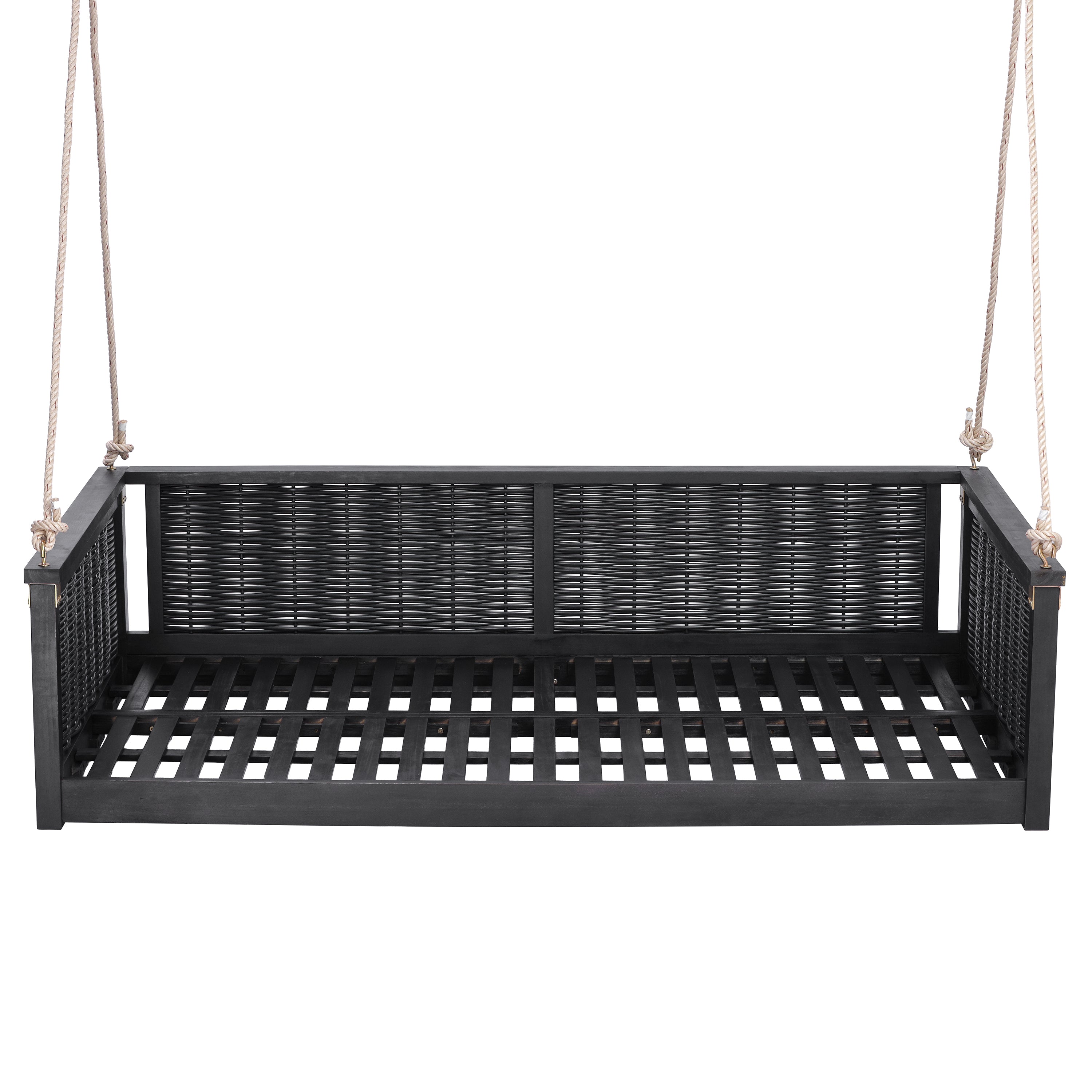 Outdoor Twin Swing Bed with Acacia Wood Frame & Rattan Weave – Black