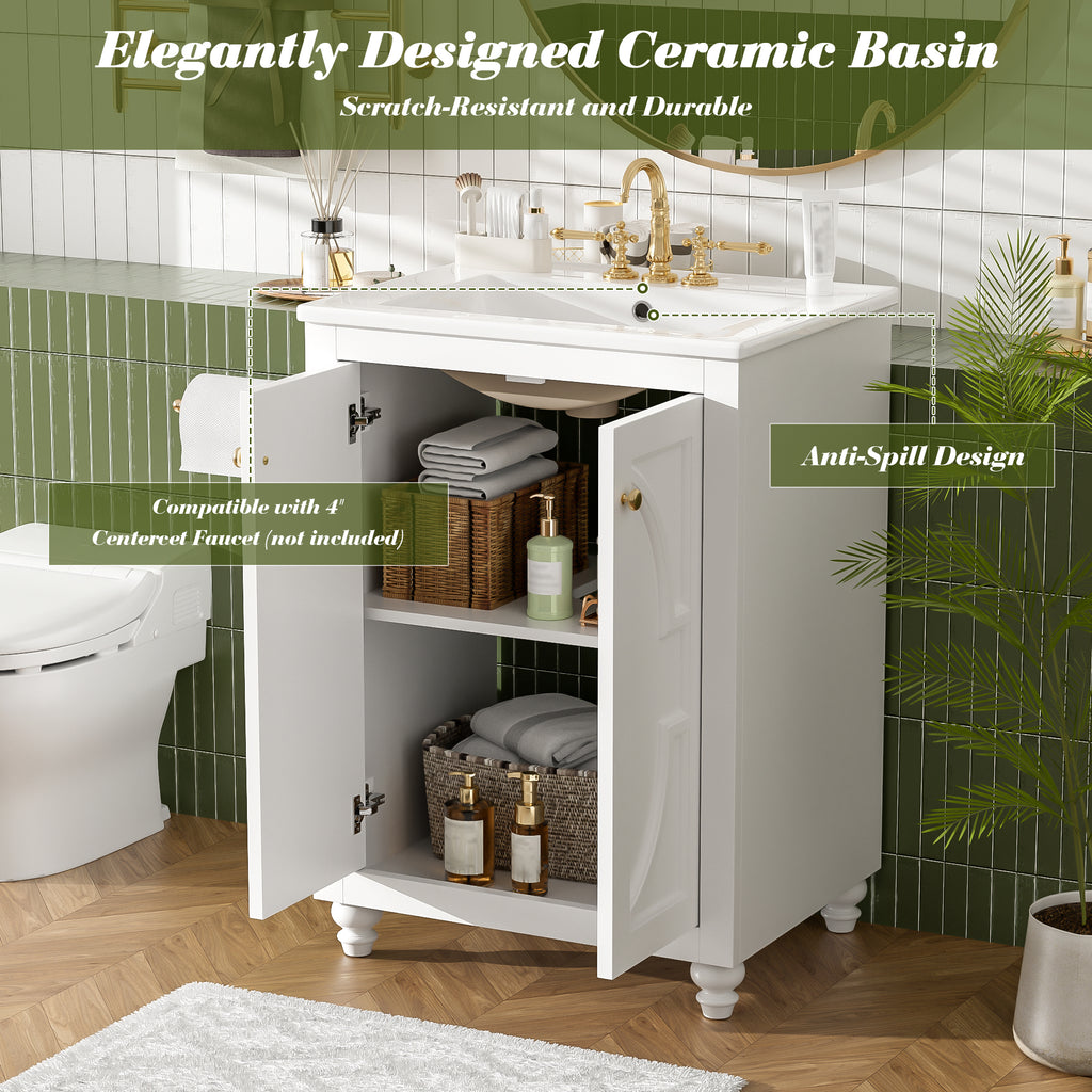 24-inch Modern White Bathroom Vanity with Ceramic Sink and Soft-Close Hinges