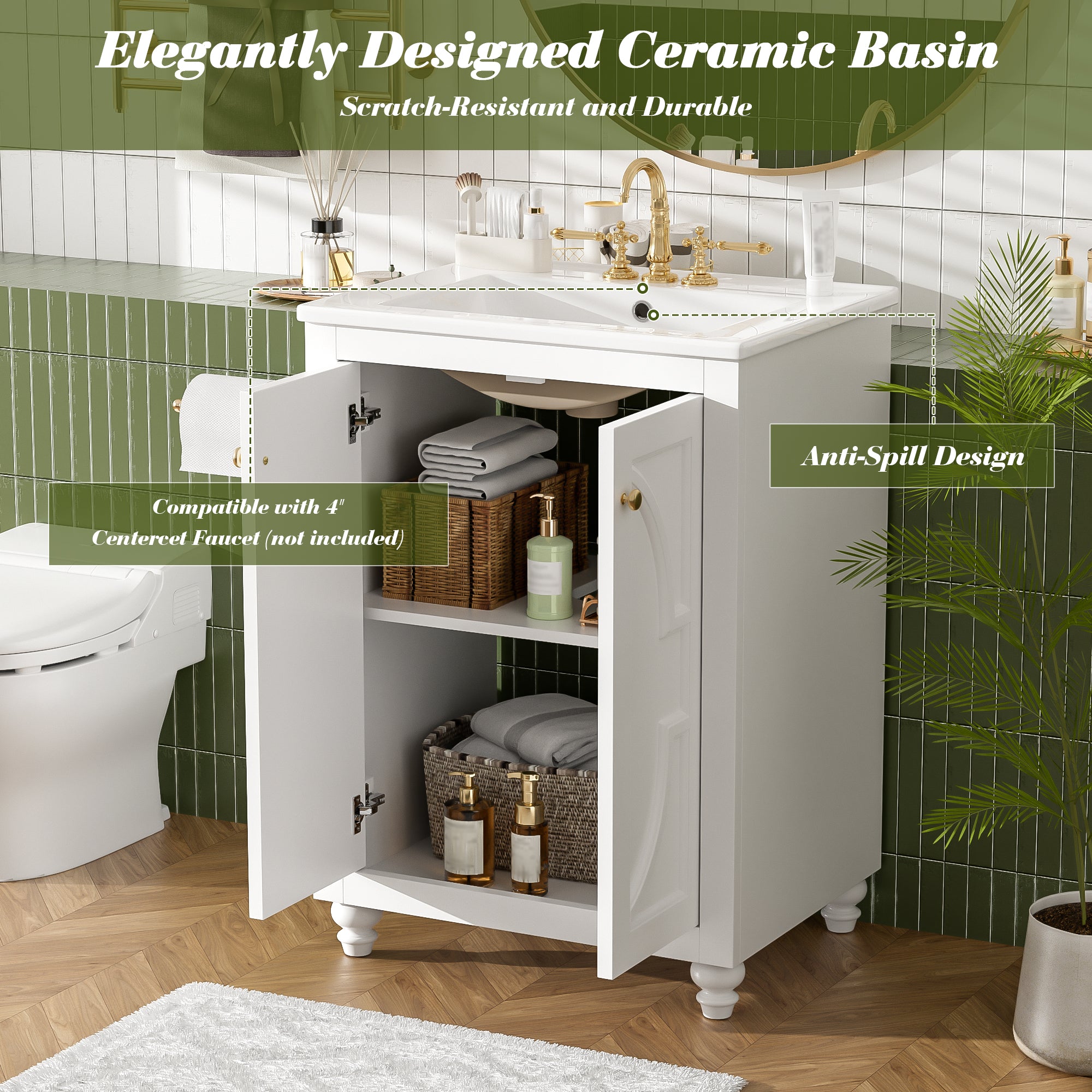 24-inch Modern White Bathroom Vanity with Ceramic Sink and Soft-Close Hinges