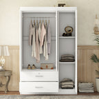 Interior view showing shelving and storage space inside white 3-door wardrobe