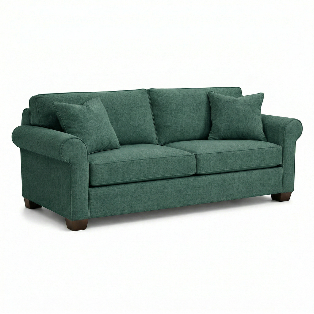 Side profile of Irlanda Velvet Sofa highlighting rolled arm and seat depth