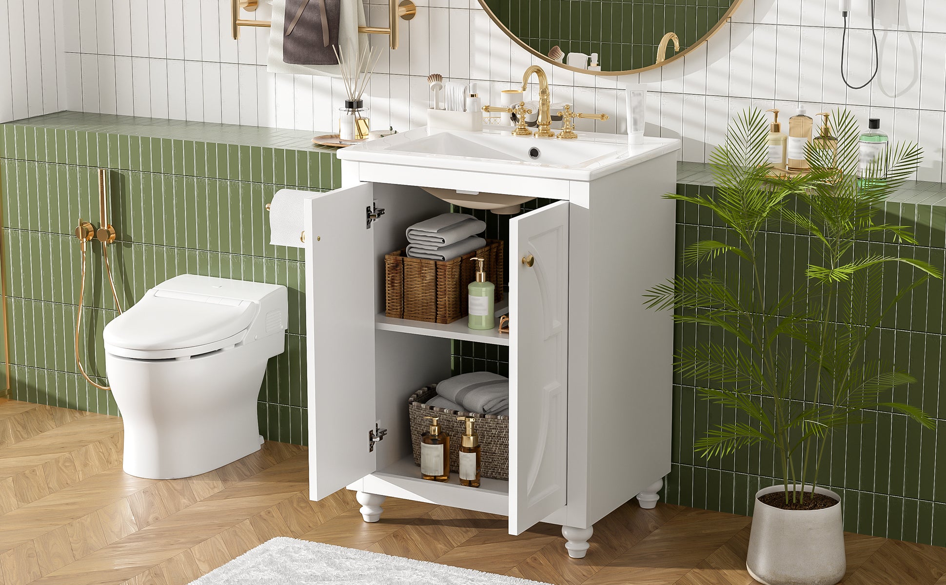 24-inch Modern White Bathroom Vanity with Ceramic Sink and Soft-Close Hinges