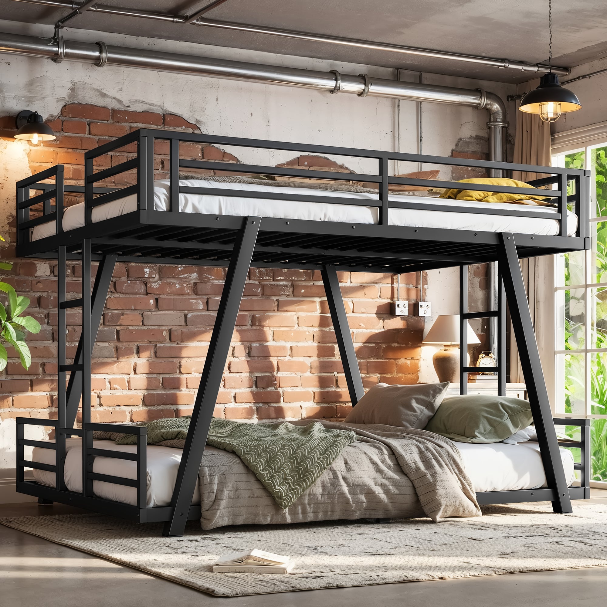 Queen over Queen Metal Bunk Bed with Dual Side Ladders and Low Profile Design – Black Main image
