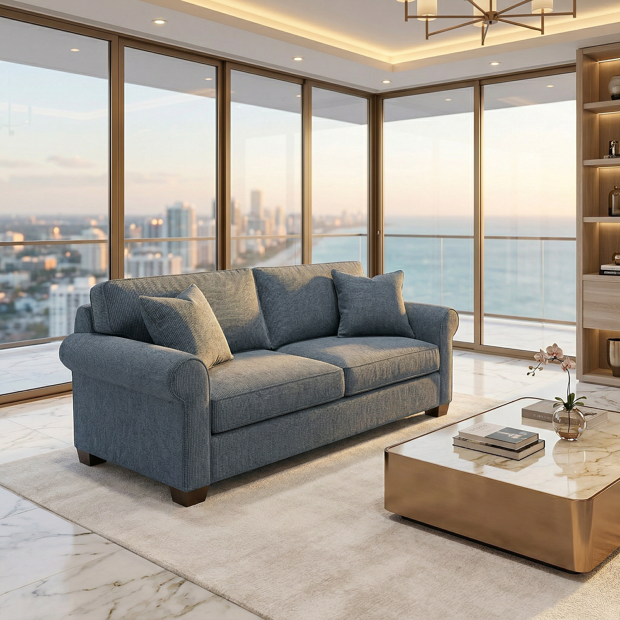 Front view of the Irlanda 2-seat sofa in teal polyester upholstery with rolled arms and brown wood legs Main image