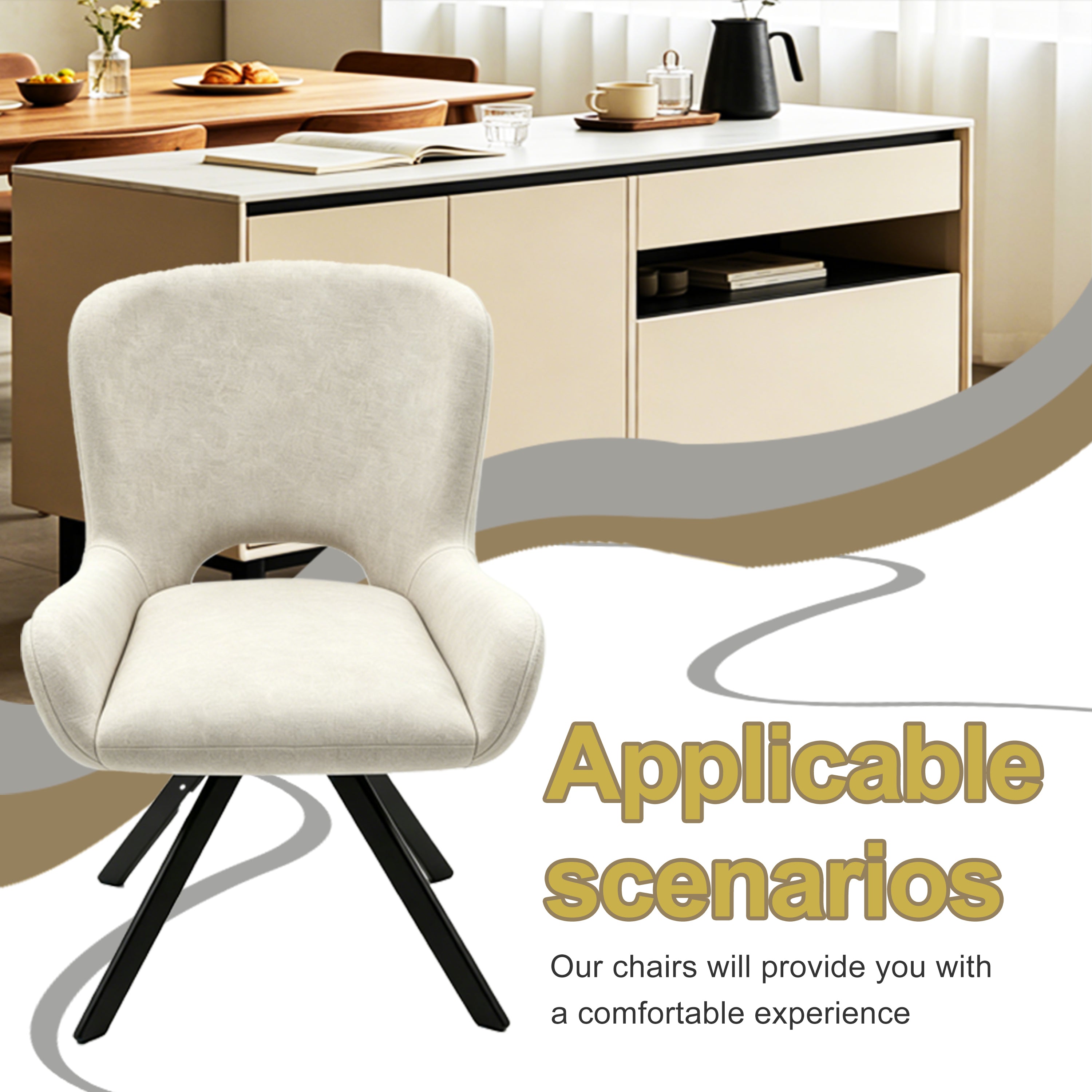 Set of 2 Beige Fabric Dining Chairs with Wood Frame – Modern Soft Cushioned Seating for Kitchen or Living Room