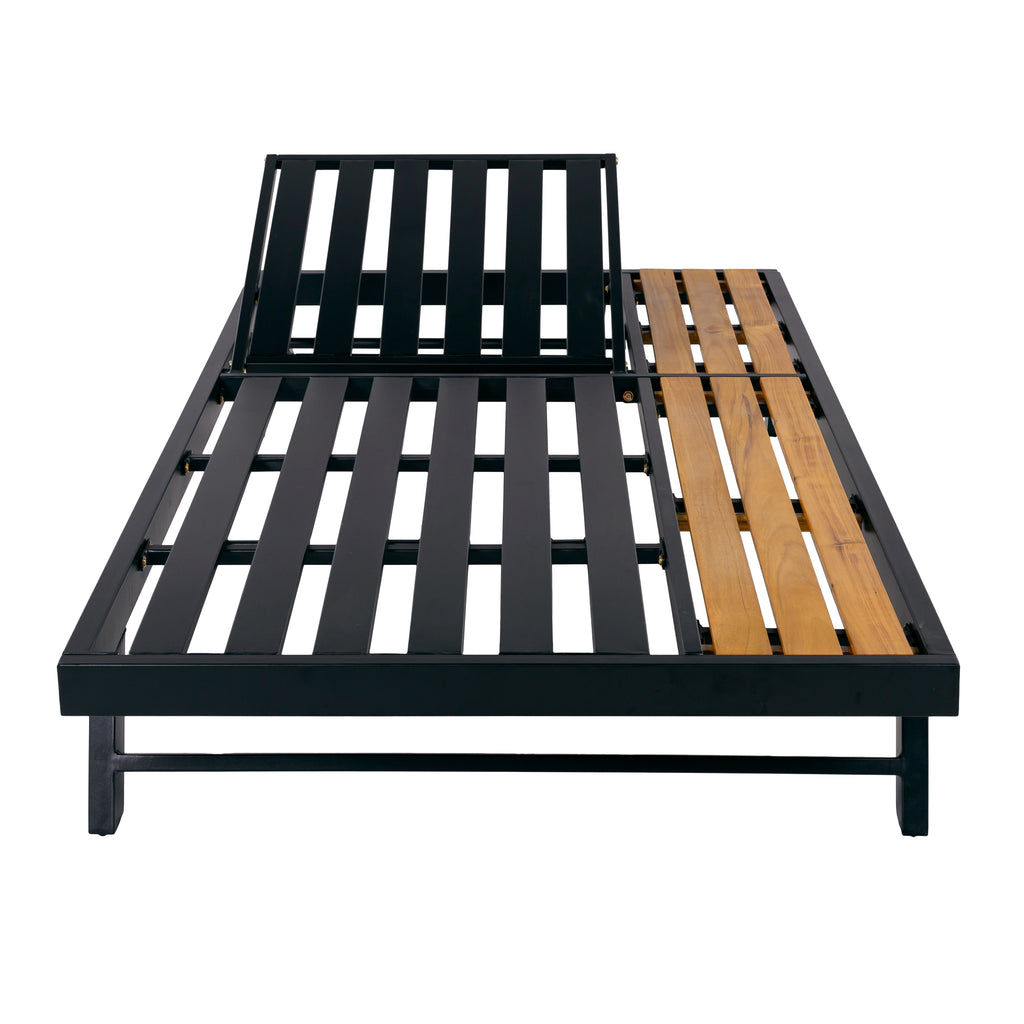 Black Iron and Teak-Finish Acacia Wood Outdoor Chaise Lounge Frame with Adjustable Backrest and Storage Surface