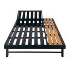 Black Iron and Teak-Finish Acacia Wood Outdoor Chaise Lounge Frame with Adjustable Backrest and Storage Surface