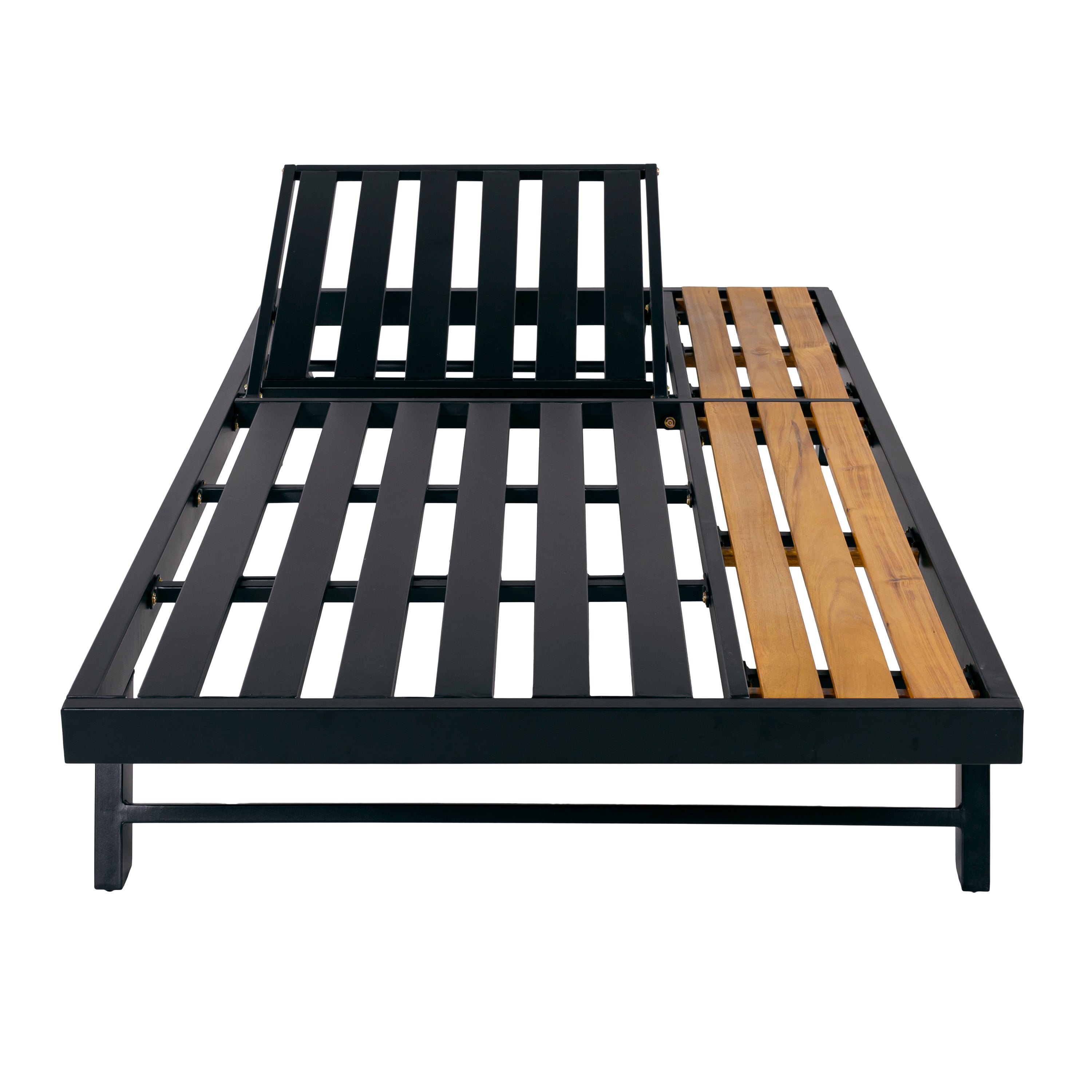 Black Iron and Teak-Finish Acacia Wood Outdoor Chaise Lounge Frame with Adjustable Backrest and Storage Surface