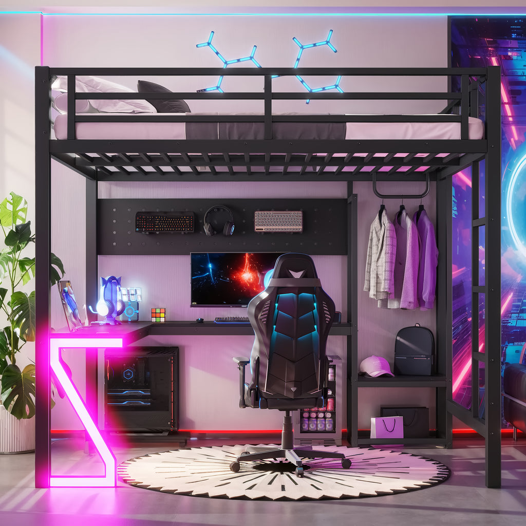 Full Metal Loft Bed with L-Shaped Desk, USB Ports, Peg Board & Z-Lights – Black