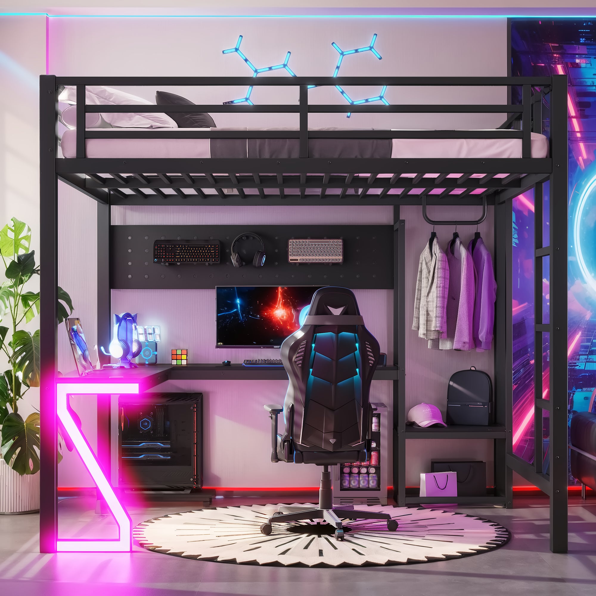 Full Metal Loft Bed with L-Shaped Desk, USB Ports, Peg Board & Z-Lights – Black