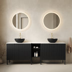 Front view of 72-inch black freestanding double bathroom vanity with two ceramic vessel sinks and Carrara white countertop
