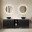 Front view of 72-inch black freestanding double bathroom vanity with two ceramic vessel sinks and Carrara white countertop
