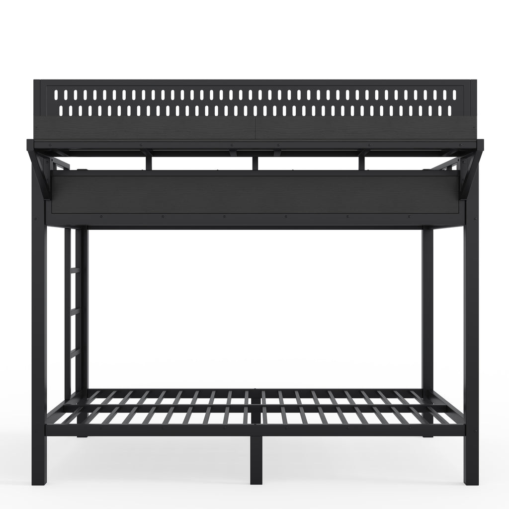 Twin XL Metal Bunk Bed with Storage Shelves, Pegboard, USB Ports & LED Lights – Black - product detail image 9